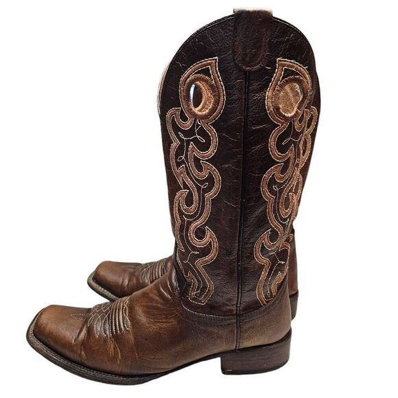 Circle G Womens Cutout Embroidery Cognac Brown Square Toe Boots Made in Mexico - Picture 7 of 14